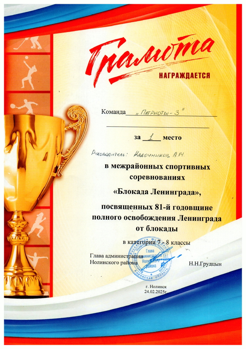042. Патриоты - III.  7-8 класс - Межрайонные соревнования - Блокада Ленинграда. 1 место.